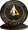 the delta force united states army logo is on a black circle with a knife in the center .