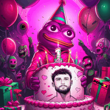 a birthday cake with a picture of a man on it and a frog wearing a party hat