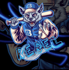 a cartoon illustration of a fox wearing a letter b jacket holding a baseball bat