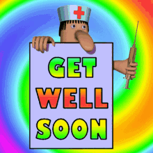 a cartoon nurse holding a sign that says get well soon