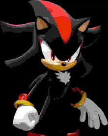 a pixel art of shadow the hedgehog from the video game sonic the hedgehog standing on a black background .