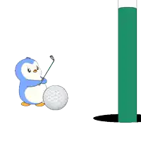 a cartoon penguin is holding a golf club and a golf ball