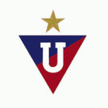 a red white and blue triangle with the letter u and a star