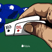 a hand is holding a playing card that says ho dl on it