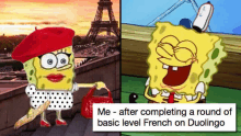 a cartoon of spongebob wearing a red beret and holding a baguette