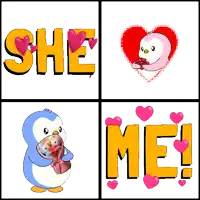 a penguin is holding a bouquet of hearts and the words she and me are next to it