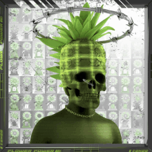 a skull with a pineapple head and barbed wire surrounding it