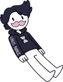 a cartoon character with a mustache is laying down and wearing a black hoodie with a bow on it .