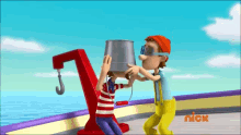 a nick cartoon shows a man holding a bucket over another man 's head ..