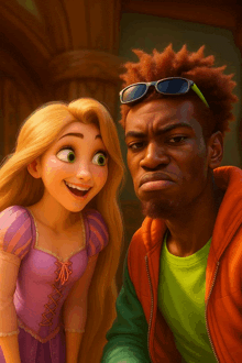a man wearing sunglasses stands next to a cartoon girl