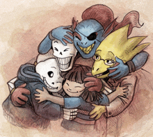 a group of cartoon characters hugging each other including papyrus and undertale characters