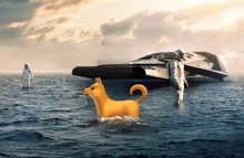 a dog is swimming in the ocean with two astronauts