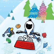 a cartoon of snoopy riding a sled in the snow .