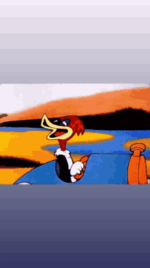 woody woodpecker is wearing sunglasses and driving a blue car .