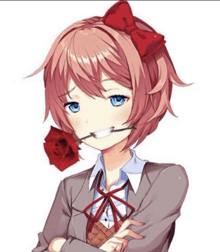 a girl with a bow on her head is holding a red rose in her mouth