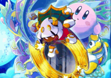 a cartoon drawing of kirby holding a shield and a mirror