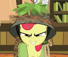 a cartoon pony wearing a helmet with leaves on top of it