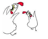 two chickens are standing next to each other with their mouths open and one is wearing a santa hat .