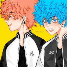 a drawing of two anime characters with different hair colors .