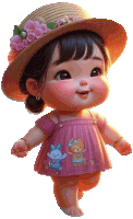 a baby doll wearing a straw hat and a pink dress with two teddy bears on it