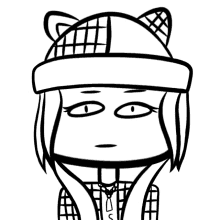 a black and white drawing of a girl wearing a hat with cat ears and a plaid shirt .