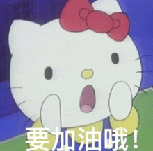 a hello kitty with a red bow on her head is making a surprised face .