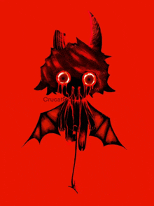 a drawing of a devil with horns and bat wings on a red background