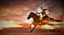 a man riding a black horse with a sword