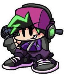 a cartoon character is wearing headphones and a hat .