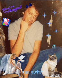a picture of a man with an angel and a cat with the words you 're an angel