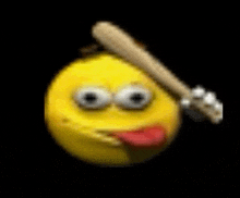 a yellow smiley face is sticking its tongue out and holding a bat .