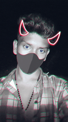 a man wearing a mask with devil horns on his ears