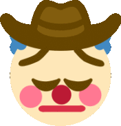 a clown wearing a cowboy hat and blue hair has a sad face .