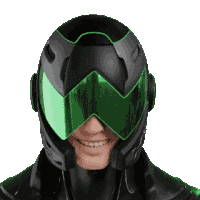 a man wearing a black helmet with green goggles smiles