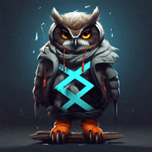 an owl wearing headphones and a jacket with a blue x around its neck