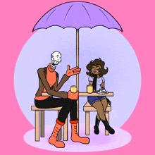 a drawing of a skeleton and a girl under an umbrella