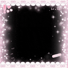 a pink and white frame with hearts , bows , and stars on a black background