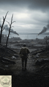 a poster for arte e storia showing a soldier walking through a war zone
