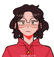 a drawing of a girl wearing glasses and a red hoodie with a star necklace