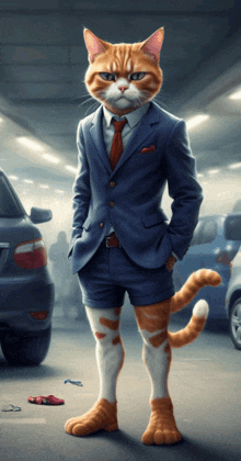 a cat in a suit and tie stands in a parking lot