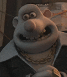 a close up of a cartoon character wearing a suit and gold chain