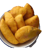 a white bowl filled with fried food with a blue rim