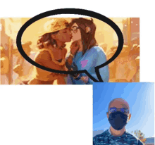 a man wearing sunglasses and a mask is standing next to a painting of a woman kissing another woman