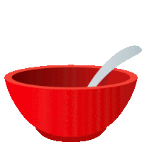 a red bowl with a silver spoon inside of it