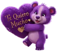 a purple teddy bear is holding a heart that says te quiero mucho