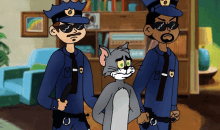 a cartoon of two police officers and a cat with a sad look on his face