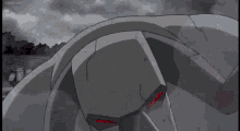 a cartoon of a robot with red eyes and horns standing in front of a cloudy sky .