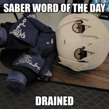 a stuffed animal with the words saber word of the day drained on the bottom