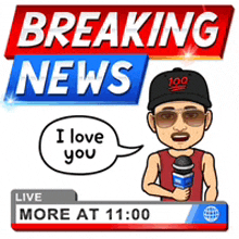 a cartoon man is holding a microphone in front of a breaking news sign that says i love you