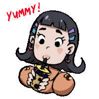 a cartoon drawing of a girl drinking through a straw with the word yummy written below her